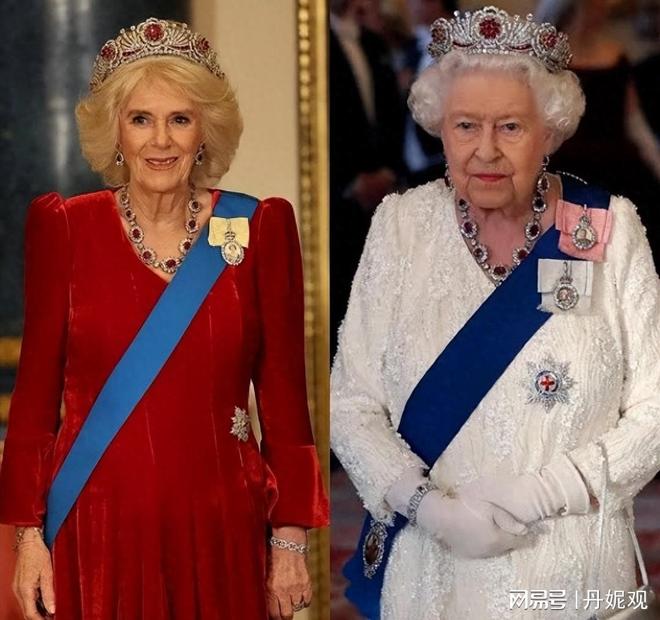 卡米拉这次国宴拼了：戴了蓝宝王冠大耳环胸口铺满五排钻石项链